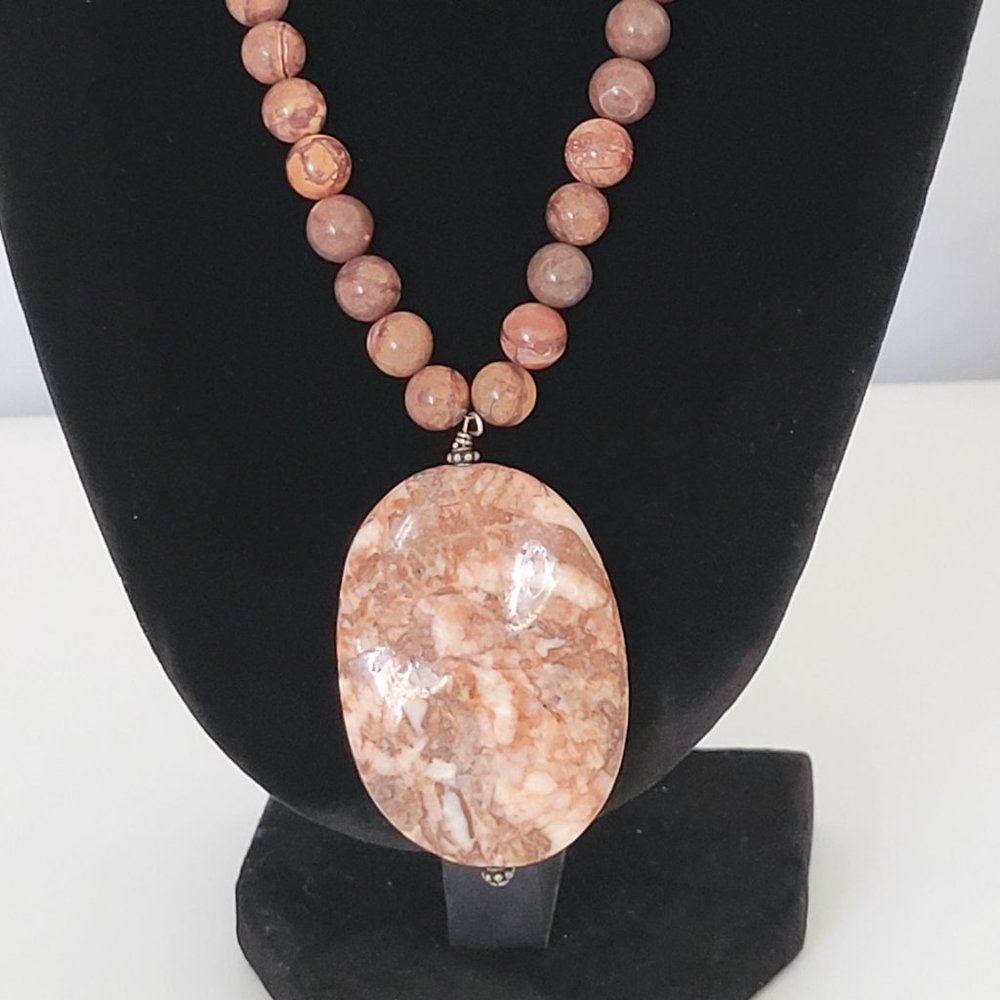 Womens Jasper Stone Pendant Necklace Round Stones Hook Close 14" L 3" Extender